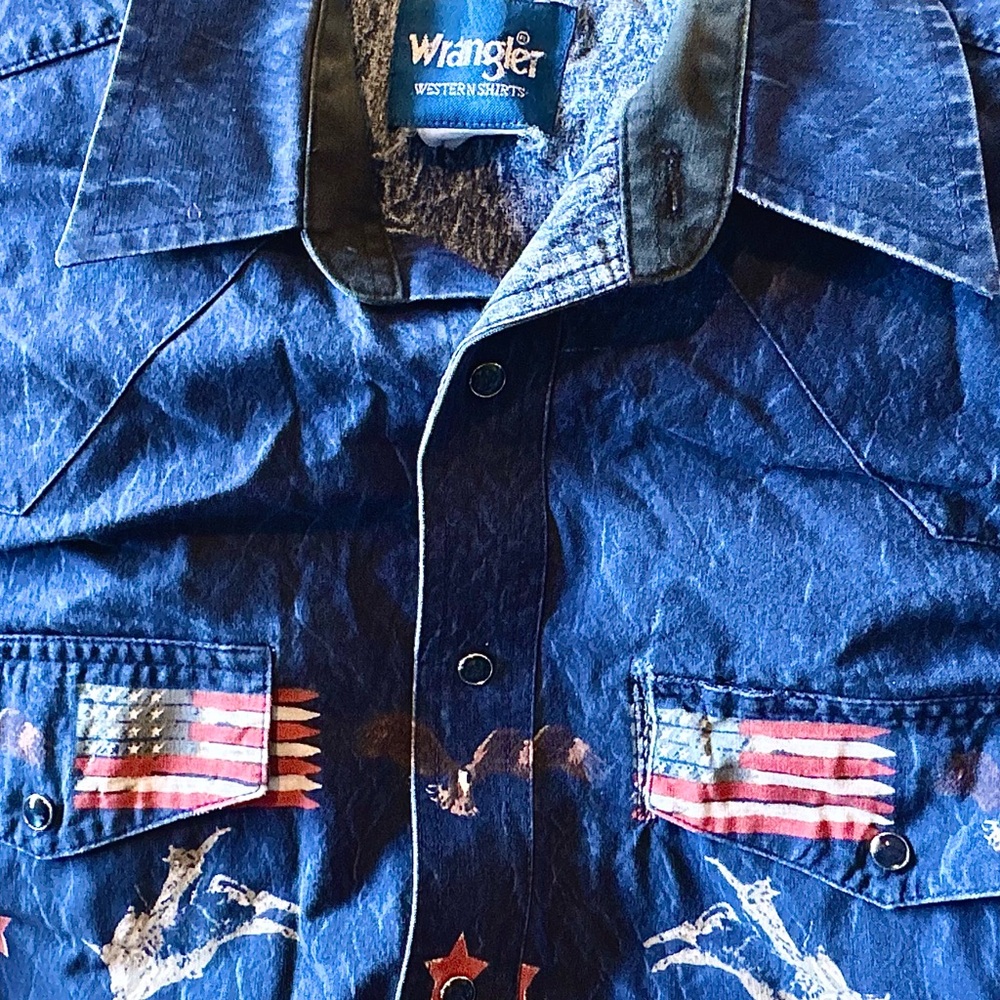 Wrangler Blue Denim Shirt with Flag Accents